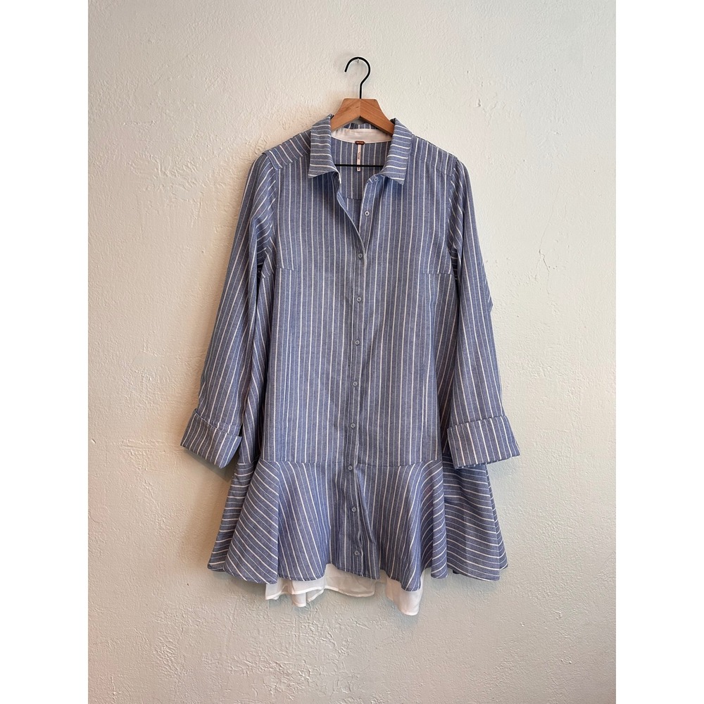 Free People Blue White Striped Peplum Shirt Dress with Slip OB1229312 Medium